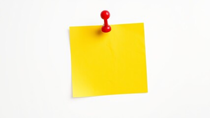 A blank yellow sticky note pinned to a white background is perfect for adding your own text or message.