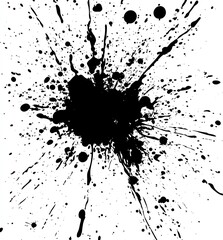 Abstract ink splatter pattern on white background.  Detailed ink blots and splashes radiate outwards
