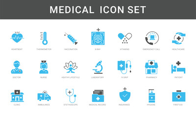 Medical icon set. Containing doctor, medicine, hospital, treatment, healthcare, nurse, pills, clinic and more. Solid vector icons collection