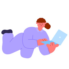 female astronaut floating in zero gravity while using laptop space technology, remote communication, and innovation concept, flat vector illustration