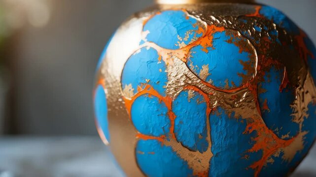 Decorative plaster texture on the vase surface with ornamental details.