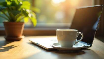 Empty coffee cup, laptop, plant, sunlit window, light, office, work