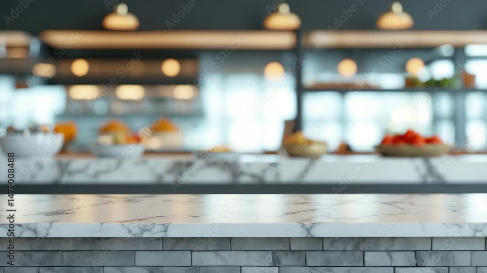Poster empty white table top with counter and desk background over blur perspective bokeh light background,