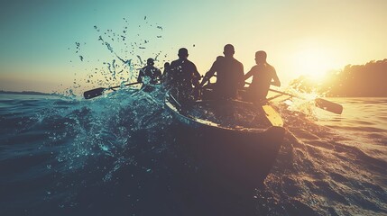 Silhouette of a rowboat team in action during a golden hour sunset.