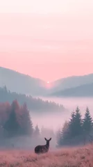 Fototapete Deer in Misty Meadow at Sunrise with Pink Sky and Mountains © sri