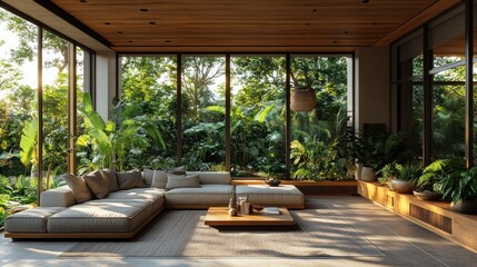 Obraz premium Sunlit living room with L-shaped sofa, wooden coffee table, and expansive windows overlooking lush tropical garden.