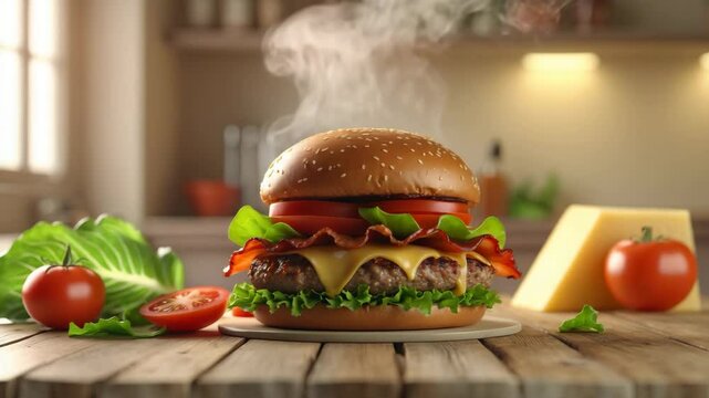 Animated beef burger with cheese mockup featuring crispy layers, fresh salad, and tomato in a classic fast food presentation