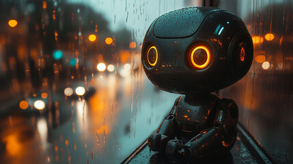 Robot gazing at rainy city traffic through window
