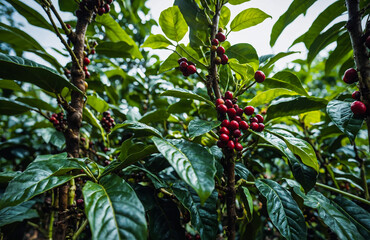 Red Coffee Cherries Hanging on Lush Plant