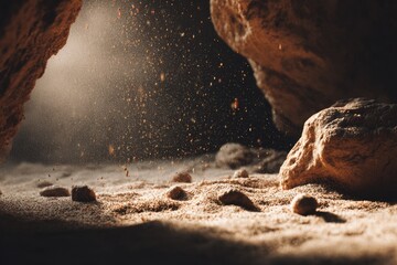 Cave entrance, illuminated by a bright light source,  dust particles falling on sandy floor