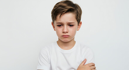 Sad boy crying tears emotional pain upset child feeling sorrowful depression childhood problem unhappy face