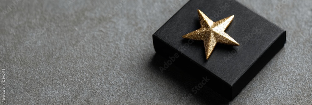 Aufkleber Elegant Black Gift Box Adorned With a Gold Star Resting on a Textured Surface in a Minimalist Setting