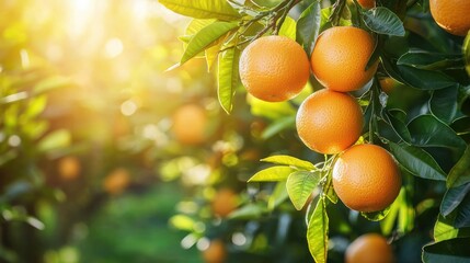 Fresh oranges on a tree, sunlight