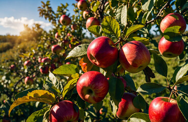 Obraz premium Sunlit Apple Orchard with Ripe Red Harvest
