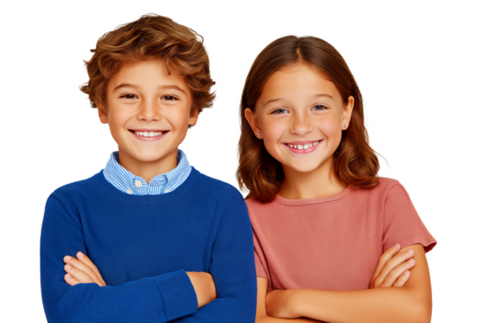 Happy and smiling Caucasian brother and sister with arms crossed, Siblings Day, isolated on white or transparent background