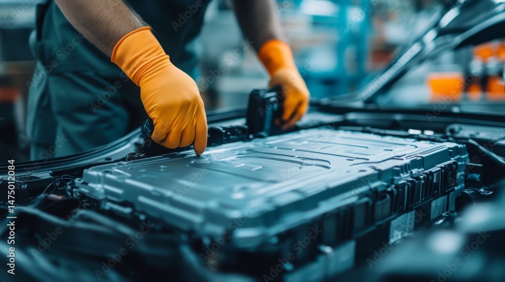 Aufkleber automotive battery installation workshop step-by-step guide industrial setting close-up view technic