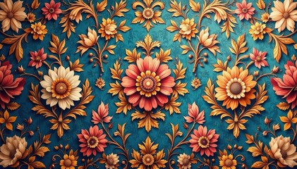 Intricate floral damask textile, faded elegance, pattern, aesthetic, worn