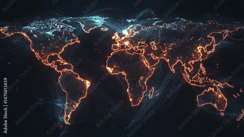 Poster global connectivity visualization world map digital art futuristic environment aerial view data repr