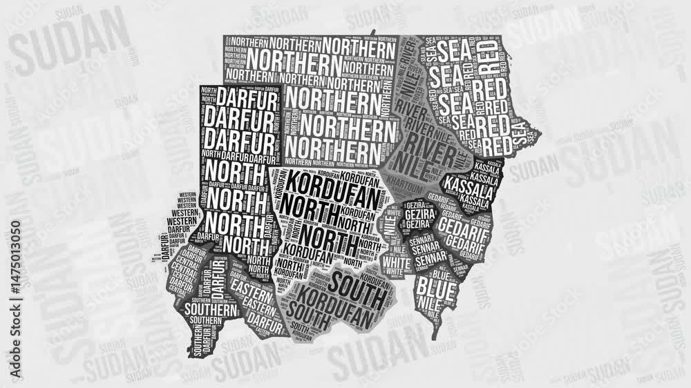 Poster sudan animation. visual effect of sudan regions appearing in black and white word clouds style. coun
