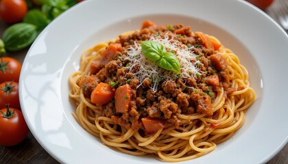 delicious italian spaghetti bolognese with minced beef sauce, tomatoes, carrots & fresh basil