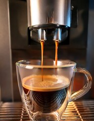 modern coffee machine brews fresh espresso into a clear glass cup