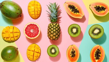 Colorful Tropical Fruits Arranged on Pink, Green, and Yellow Bac