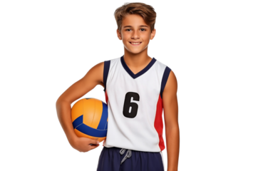 Youth boy volleyball player in jersey number 16 smiling on isolated background