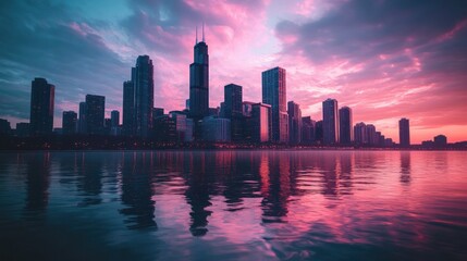 Fototapeta premium City skyline at sunrise reflected in water
