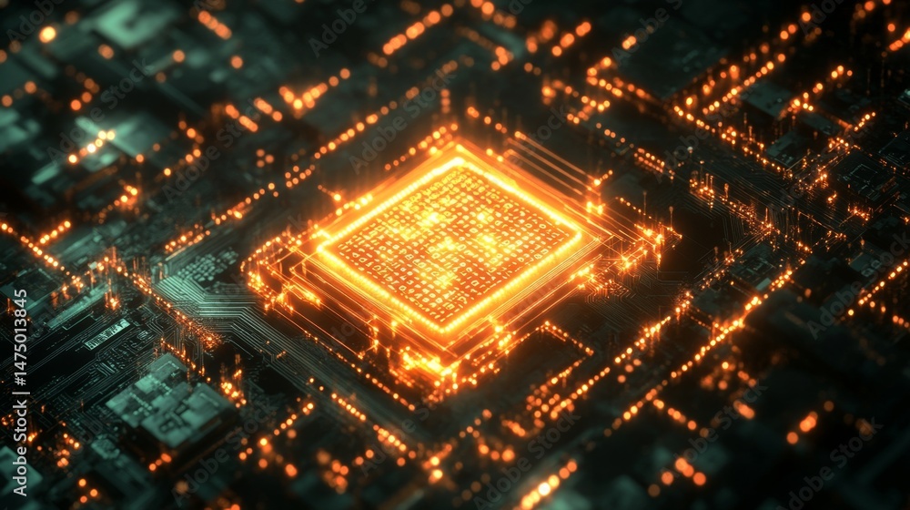Poster innovative technology event quantum computing core digital landscape infographic visualization futur