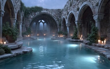 Fototapeta premium A serene bathing area is surrounded by ancient stone arches. Soft candlelight flickers over the still water, creating a peaceful atmosphere perfect for relaxation during the evening