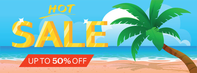 Colourful summer sale beach background with tropical plants. Sandy seashore with coconut palms. Hot sale. Summer vacation. Summer holiday sale promotion concept.