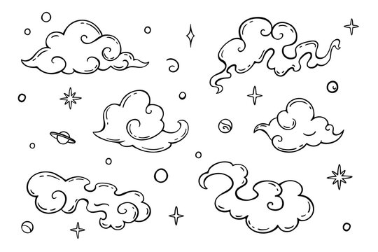 Set of oriental clouds and celestial elements. Hand-drawn Chinese clouds with swirls and curves on white. Vector line art illustration for weather icons, stickers, or whimsical design elements.