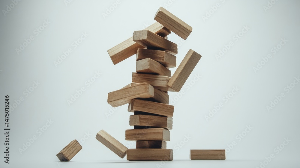 Poster towering jenga blocks topple over indoor game skill challenge minimalist setup close-up perspective 