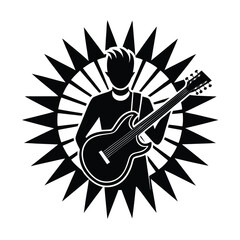 Fototapeta premium Black and white illustration of a musician playing an electric guitar surrounded by radial lines of light