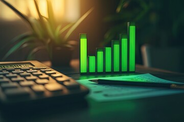 Glowing green bar graph on documents, beside calculator,  in warm light.  Growing trends