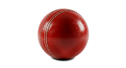 closeup shiny used red Test Match or one day cricket ball with circle stitch, cutout in transparent background, png format