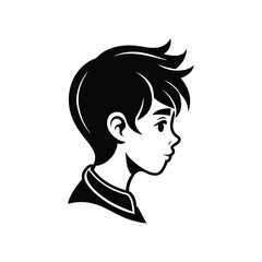 Black and white cartoon illustration of a young boy in profile looking towards the right side with a blank expression