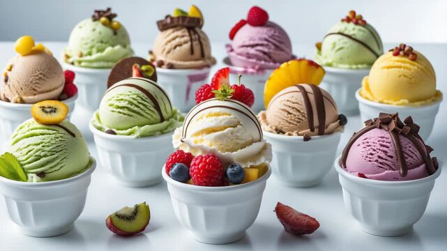 Variety of fruit ice creams featuring scoops embellished with ingredients in a cup.