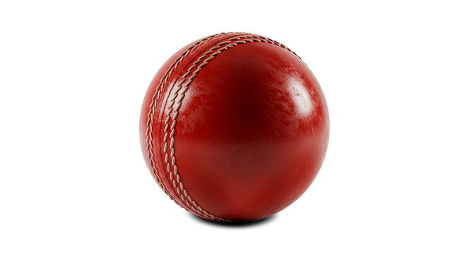 closeup shiny used red Test Match or one day cricket ball with circle stitch, cutout in transparent background, png format