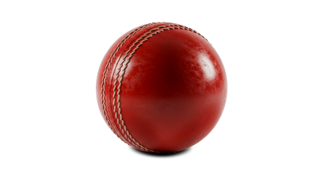 closeup shiny used red Test Match or one day cricket ball with circle stitch, cutout in transparent background, png format