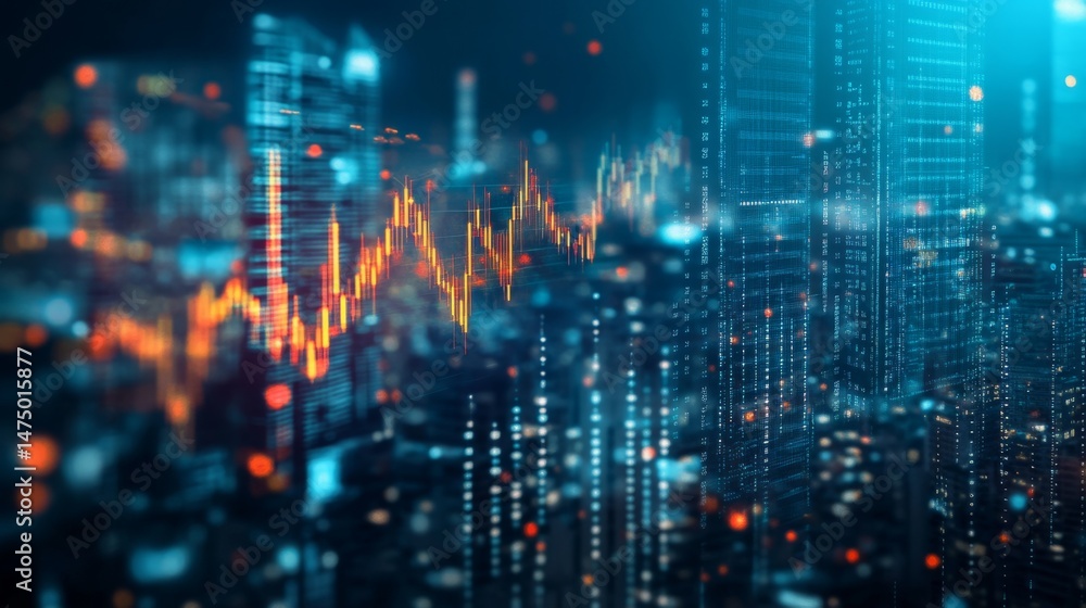 Poster dynamic financial data visualization urban skyline digital artwork futuristic environment close-up v