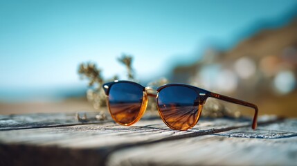 Stylish sunglasses on wooden table by the beach