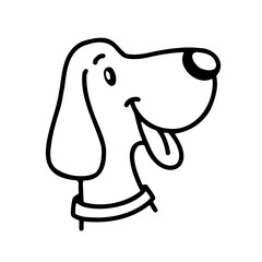 Happy beagle in doodle style. Vector black and white illustration of a cute dog with excited expression. Hand drawn in a cartoonish line art style. Clipart for pet-themed designs, prints, and stickers