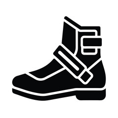 Illustrated black and white icon depicting a stylish modern ankle boot with a secure buckle fastening