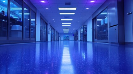 Fototapeta premium Futuristic corridor with blue lighting and glossy floor