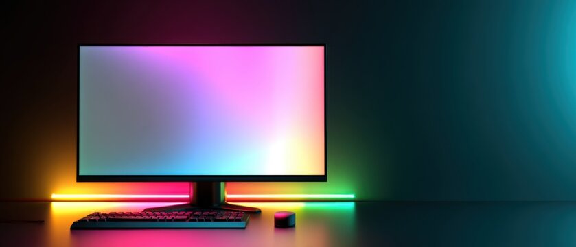 Modern Gaming Setup Displaying Neon Lights with Keyboard and Mouse in Studio Shot for Product Placement