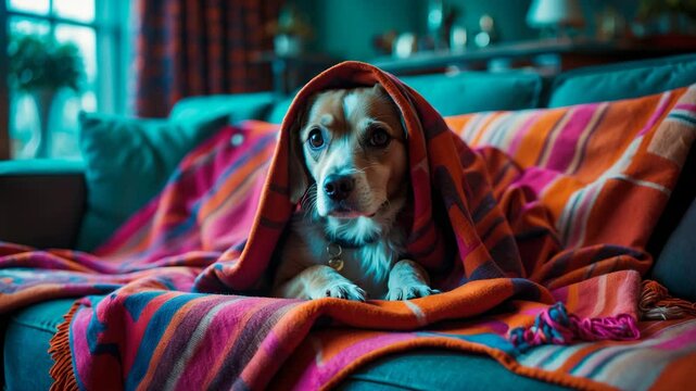 Lovely dog tucked in a blanket on the couch