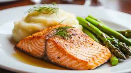 Delicious grilled salmon with asparagus and mashed potatoes fine dining restaurant food photography elegant setting close-up view