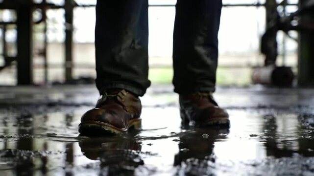 Man in work boots walks through puddle in abandoned factory