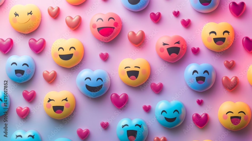 Aufkleber cheerful heart emoticons in colorful patterns digital art whimsical background playful vibes